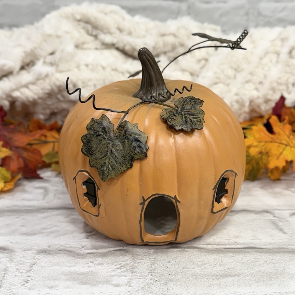 Vtg Hallmark Halloween Pumpkin House Ceramic Tea Light Holder Fall Autumn Decore